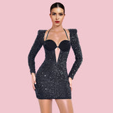 Square Collar Long Sleeve Sequined Mini Bodycon Dress